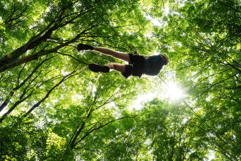 Guest ziplining through the hardwood forest at Treetop Trekking Barrie, located near Horseshoe Valley Resort in Ontario
