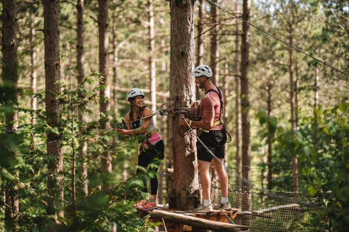 Rear view of a guest tackling an aerial obstacle at Treetop Trekking Ganaraska in Ganaraska Forest, Ontario